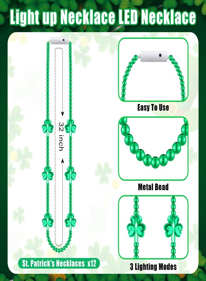 Ecation 12 Pcs LED St Patrick's Day Beads Necklace Colorful Green Light up Bead Necklaces St Patrick's Day Glow Necklace Costumes Accessories for Birthdays Party Favors Supplies (Clover) - Image 2